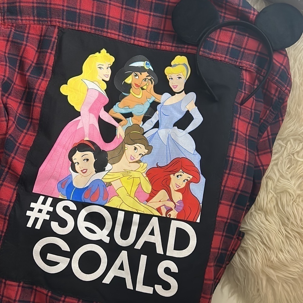 Upcycled Red flannel long sleeve Disney princess squad goal button down shirt XL